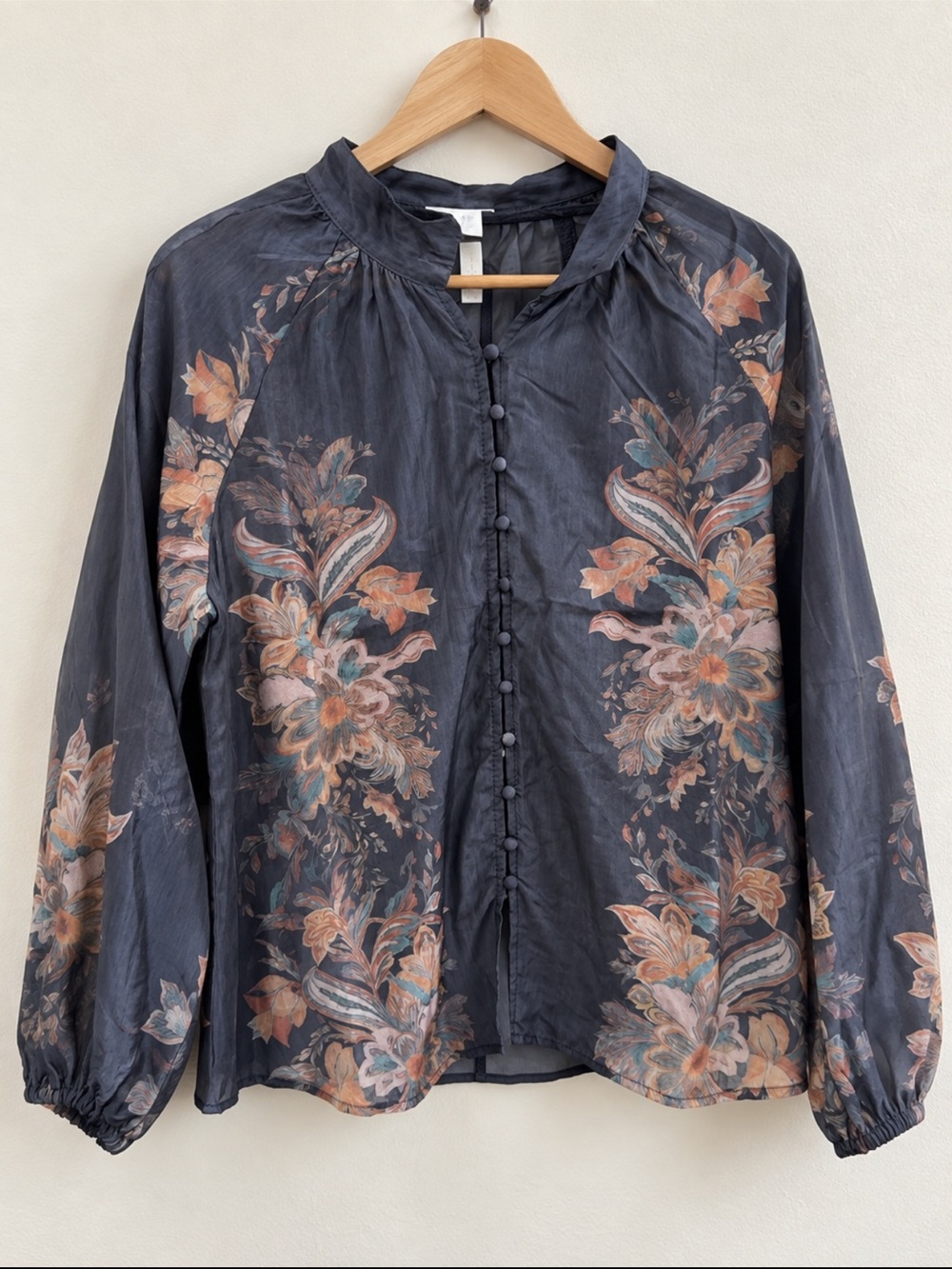 Dark Charcoal Floral Button-Front Blouse